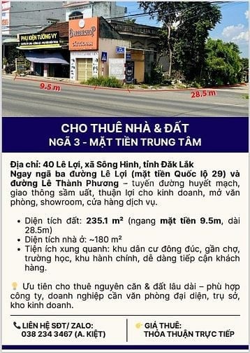 CHO THUÊ NHÀ & ĐẤT [NGÃ 3 - MẶT TIỀN TRUNG TÂM]