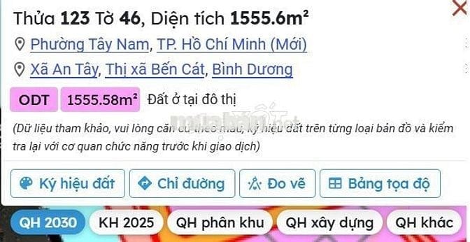 1,3 tỷ 1.555 m2 QH 2030 đất ở đô thị ODT; An Tây, Bến Cát, Bình Dương