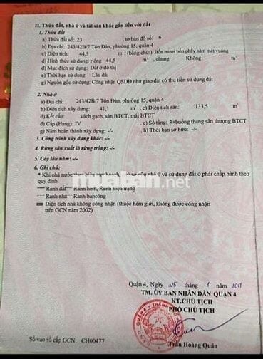 Bán nhà 243/42B/7 Tôn Đản Quận 4, Hoa Hồng 1%