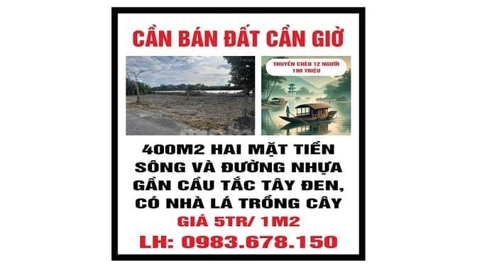 Cần bán đất Cần Giờ 2MT sông và đường nhựa, gần Cầu Tắc Tây Đen 400m2
