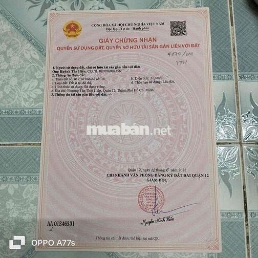 Bán lô Dất Thổ Cư Phường Tân Chánh Hiệp Quận 12
