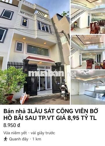 BÁN NHÀ 3LẦU SÁT CÔNG VIÊN BỜ HỒ VÕ THỊ SÁU BÃI SAU TP.VT GIÁ 8,95 TỶ