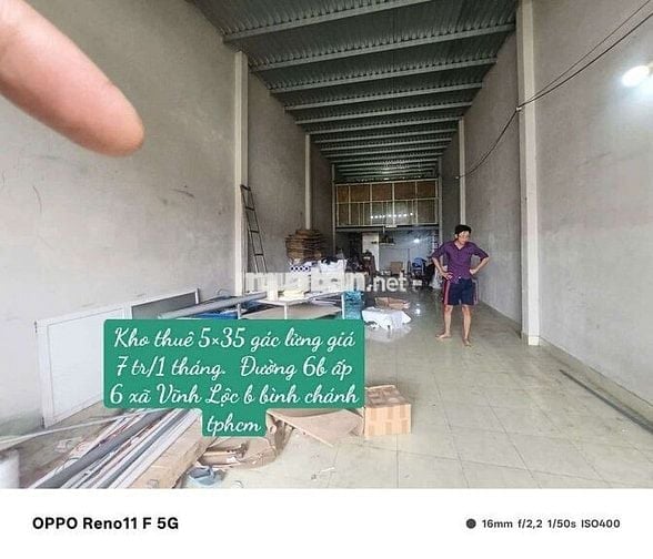 KHO THUÊ 5×35 Gác Lửng . Đường 6B Ấp 6 Xã Tân Vĩnh LộC B.
