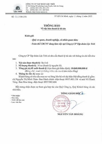 TĐ Lộc Trời thông báo thanh lý xe ô tô