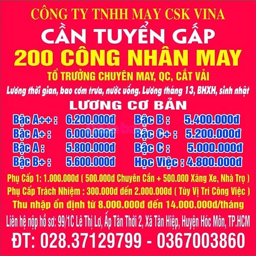 TUYỂN CÔNG NHÂN MAY-QC- CẮT VẢI - CTY  GẦN CHỢ HÓC MÔN