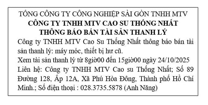 THÔNG BÁO BÁN TÀI SẢN THANH LÝ