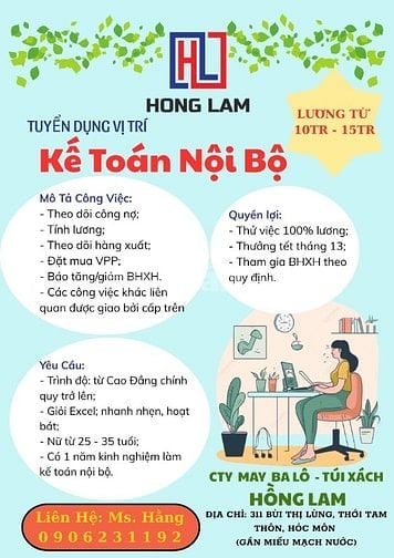 TUYỂN KẾ TOÁN NỘI BỘ LÀM VIỆC GẦN CHỢ HÓC MÔN