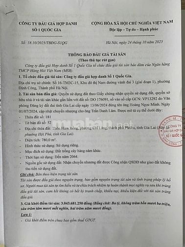 CÔNG TY ĐẤU GIÁ HỢP DANH SỐ 1 QUỐC GIA THÔNG BÁO BÁN ĐẤU GIÁ TÀI SẢN