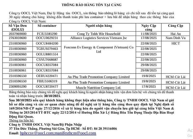 Công ty OOCL Việt Nam THÔNG BÁO HÀNG TỒN TẠI CẢNG quá 30 ngày