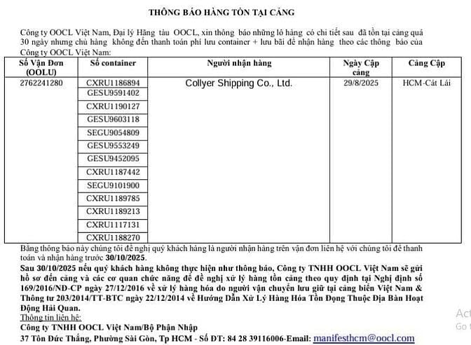 Đại lý Hãng tàu OOCL THÔNG BÁO HÀNG TỒN TẠI CẢNG quá 30 ngày