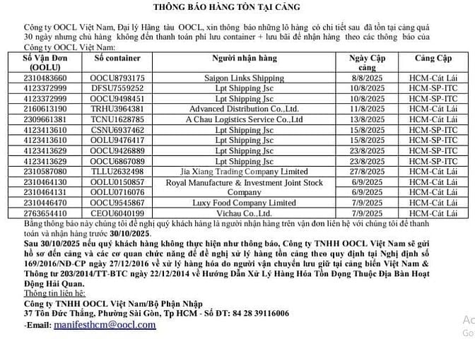 Công ty OOCL Việt Nam THÔNG BÁO HÀNG TỒN TẠI CẢNG Quá 30 ngày