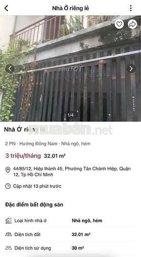 Nhà nguyên căn ngang 3,5m - dài 10 - 1 trệt 1 lẩu, 2 phòng ngủ, 1 phòn