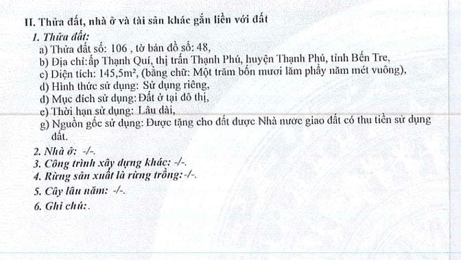 Bán 145,5m2 ODT tại ấp Thạnh Quí, TT. Thạnh Phú, H. Thạnh Phú, Bến Tre