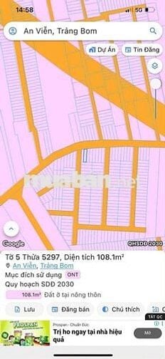 Bán đất mặt tiền an viễn trảng bom 1,59 tỷ sổ sẵn