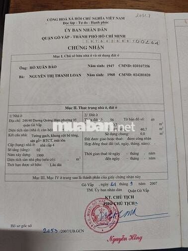 BÁN NHÀ CŨ HẺM DƯƠNG QUẢNG HÀM PHƯỜNG 5