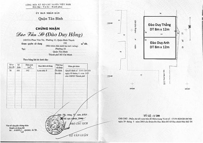 Cần bán 192m2 đất Thoại Ngọc Hầu P.Phú Thọ Hoà Q,Tân Phú 