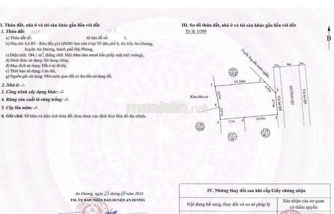 Đất 184m2 ngang 10,5m Mặt tiền đường 10m Thị trấn An Dương