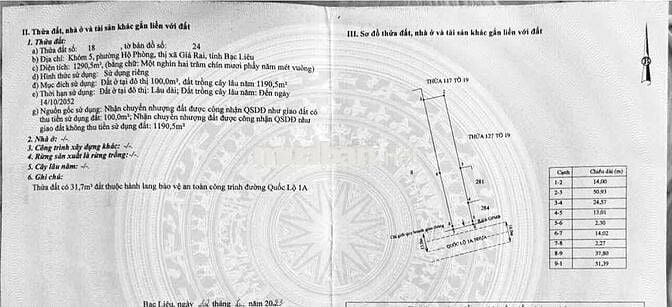 Chủ cần bán đất mặt tiền Quốc lộ 1A phường hộ Phòng