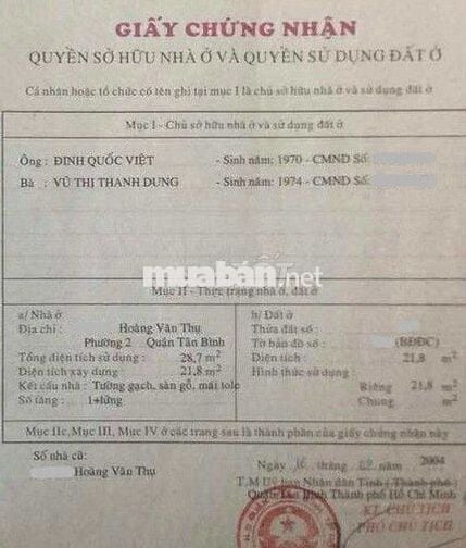 Bán nhà Hoàng Văn Thụ hẻm 3m, không lộ giới QH hơn 2 tỷ