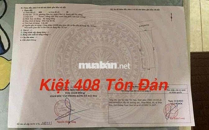 Lô đất 78m ngang 5 m kiệt rộng 408 Tôn Đản