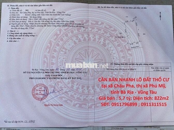 BÁN ĐẤT THỔ CƯ tại xã Châu Pha, thị xã Phú Mỹ, tỉnh Bà Rịa - Vũng Tàu