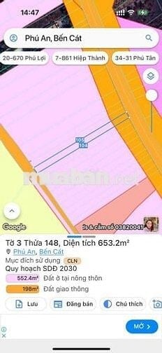 Đất sổ đỏ 585 m2 đường ĐT748, xã Phú An, TP Bến Cát, Bình Dương (cũ)