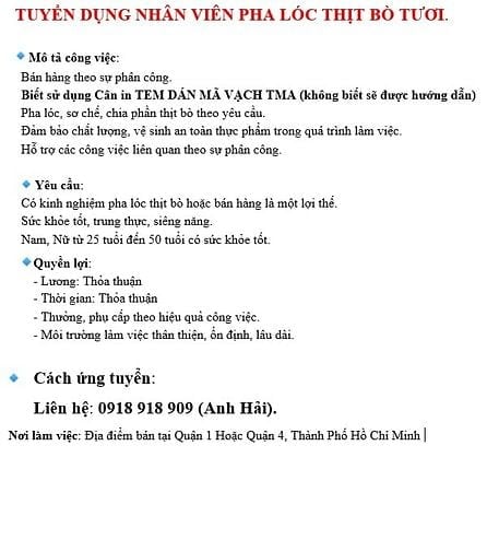 Tuyển Bán hàng Pha Lóc THỊT BÒ