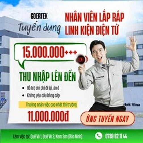 GOERTEK_ Lương 18tr_Thưởng 11tr/3T_Nhân viên lắp ráp linh kiện ĐT