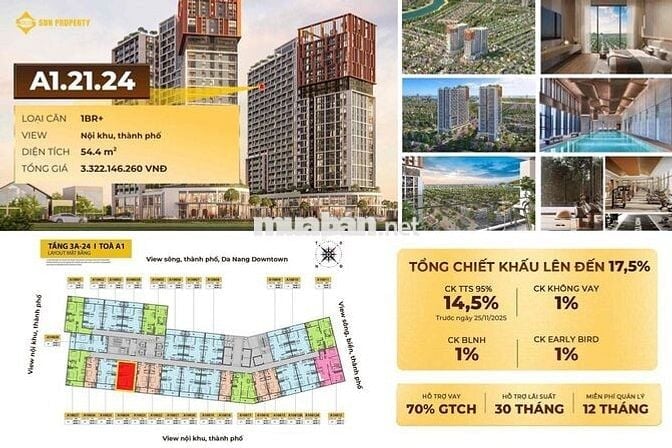Chung Cư 1 Ngủ + 1 54,4m - CORA TOWER Hoà Xuân - Đà Nẵng