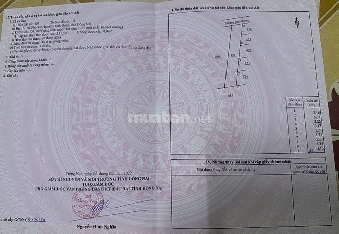 Bán đất thửa số 407, tờ bản đồ số 9, Xã Phú Tân, huyện Định Quán, ĐN