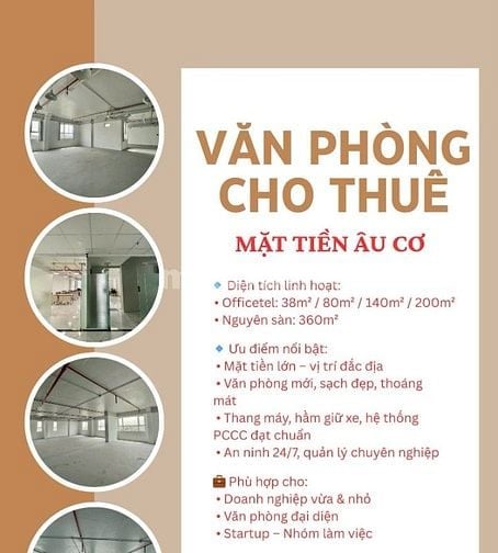 Văn phòng cho thuê MẶT TIỀN ÂU CƠ, DT linh hoạt 38m2, 80m2, 140m2