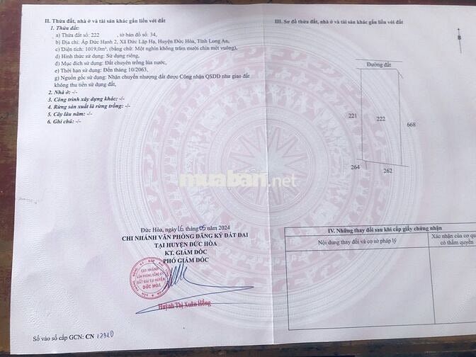 1019 M2 đất nông nghiệp 1/ Đường Láng Cẫm, Xã Đức Lập, Long An