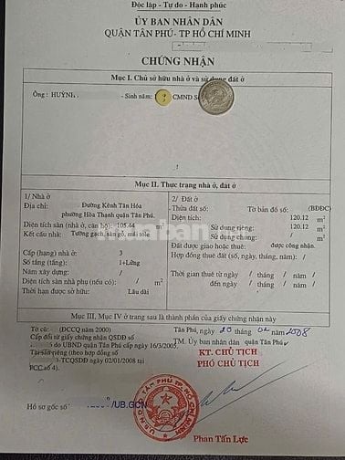 Bán nhà cấp 4 dtich 120m2 tiện xây CHDV hẻm Kênh Tân Hóa, Q. Tân Phú