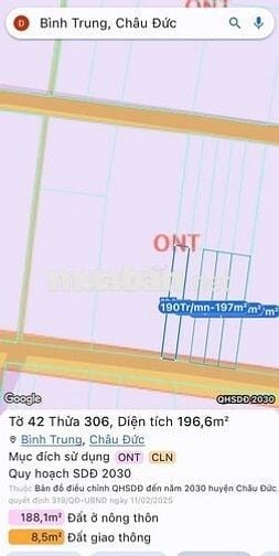 Cần bán lô đất 247m2, có 80m2 thổ cư, MT Hàng 6, Bình Trung, BRVT