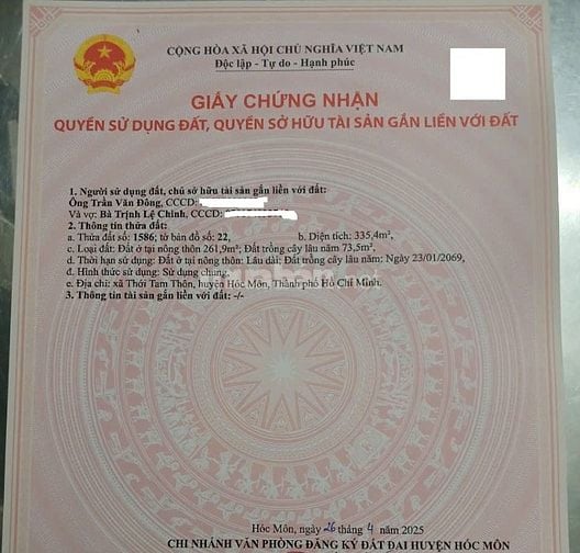 Bán 335.4 m2 đất tại xã Thới Tam Thôn, huyện Hóc Môn