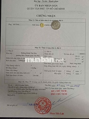 Bán nhà cấp 4 dtich 120m2 tiện xây CHDV hẻm Kênh Tân Hóa, Q. Tân Phú