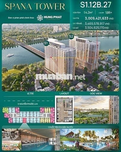 Bán căn hộ 1PN+ view sông, dự án Spana Tower – tầng cao, giá chỉ 3 tỷ