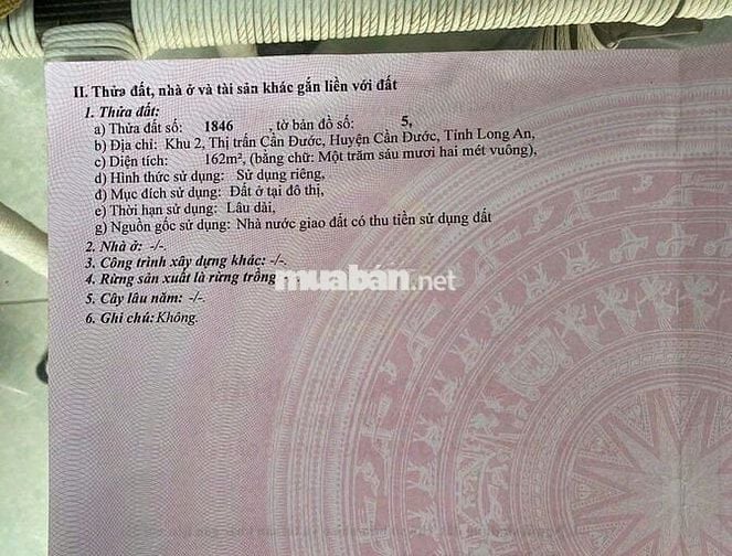 Chính chủ cần tiền bán gấp đất thổ cư khu 2 Thị Trấn Cần Đước, Long An