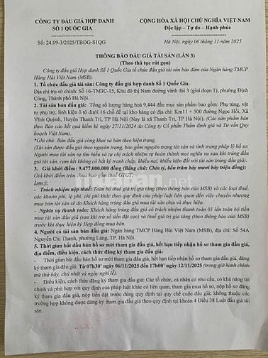 CÔNG TY ĐẤU GIÁ HỢP DANH SỐ 1 QUỐC GIA THÔNG BÁO BÁN ĐẤU GIÁ TÀI SẢN