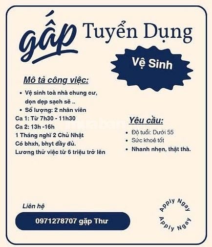 Tuyển Gấp Bảo Vệ - Kỹ Thuật - Tạp Vụ - Cơ Động