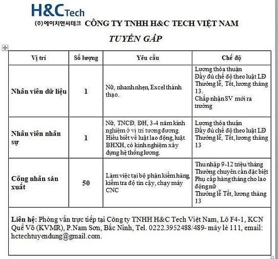 CÔNG TY TNHH H&C TECH VIỆT NAM TUYỂN GẤP