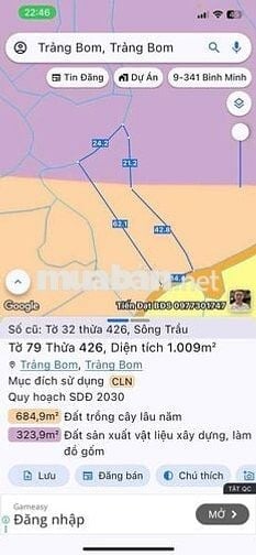 CẦN BÁN LÔ ĐẤT  - HUYỆN TRẢNG BOM, TỈNH ĐỒNG NAI