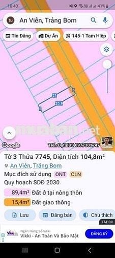 Bán lô đất sổ riêng thổ cư an viễn trảng bon