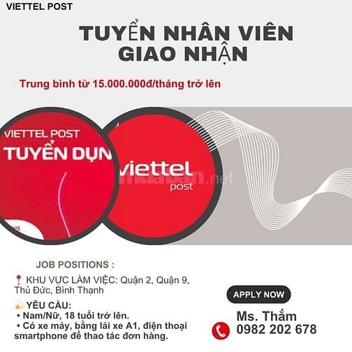 VIETTEL POST HỒ CHÍ MINH TUYỂN NHÂN VIÊN GIAO NHẬN