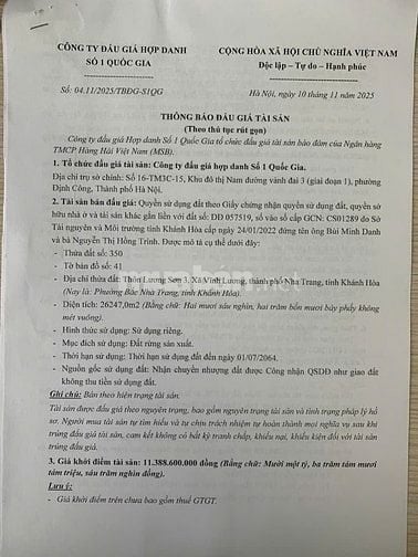 CÔNG TY ĐẤU GIÁ HỢP DANH SỐ 1 QUỐC GIA THÔNG BÁO BÁN ĐẤU GIÁ TÀI SẢN