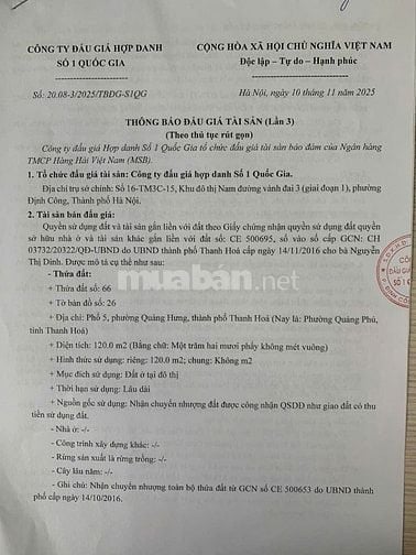 CÔNG TY ĐẤU GIÁ HỢP DANH SỐ 1 QUỐC GIA THÔNG BÁO BÁN ĐẤU GIÁ TÀI SẢN