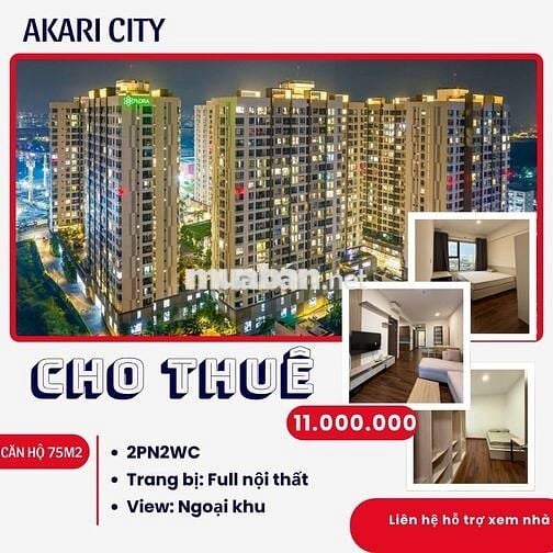 Cho Thuê Akari City - 2PN2WC - Giá 11tr - Full Nội Thất - Tầng Đẹp