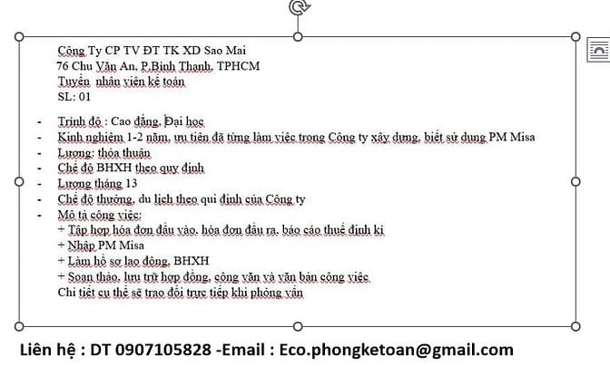 CÔNG TY CP TV ĐT TK XD SAO MAI - TUYỂN KẾ TOÁN