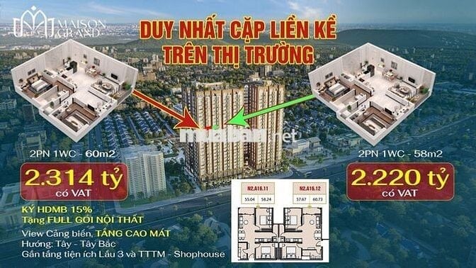 CĂN 2 PHÒNG NGỦ 58M2 TẦNG 16 VIEW MẶT TIỀN GIÁ 2TY220 BAO THUẾ PHÍ