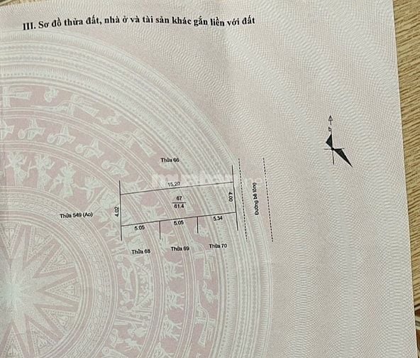 Bán đất thổ cư có sổ đỏ. Diện tích 61 m2: Chiều dài 15.2, chiều rộng 4